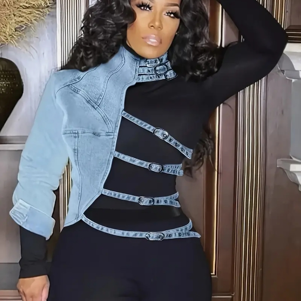 Stylish Black and Denim Buckle Top